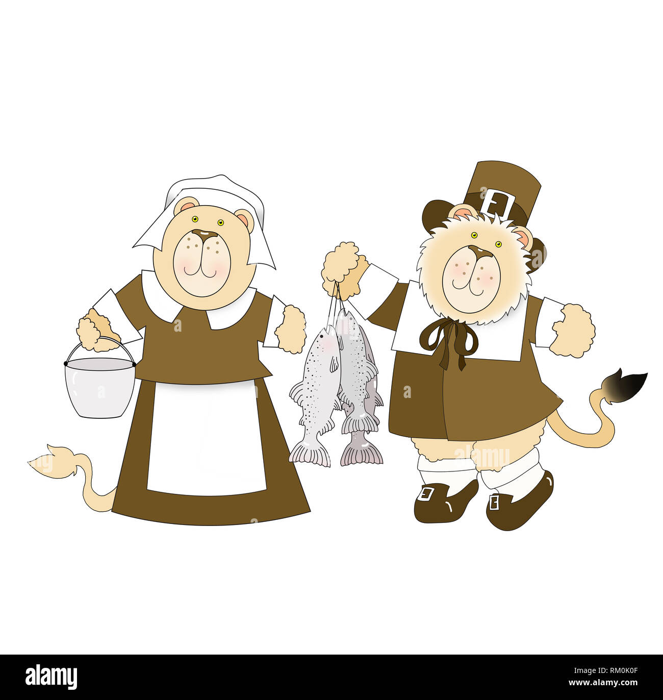 Illustration of a male and female lion dressed as Thanksgiving pilgrims,  holding fish and a kettle against a white background Stock Photo - Alamy