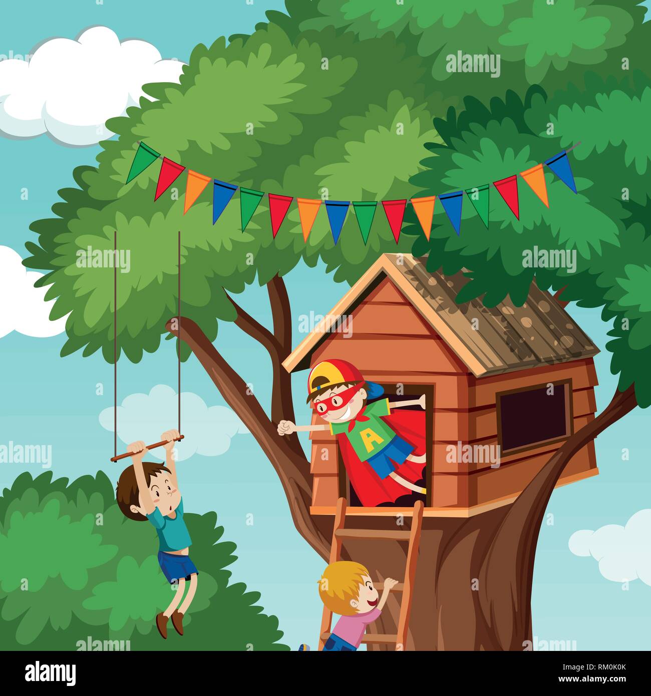 Children playing at tree house illustration Stock Vector Image & Art ...