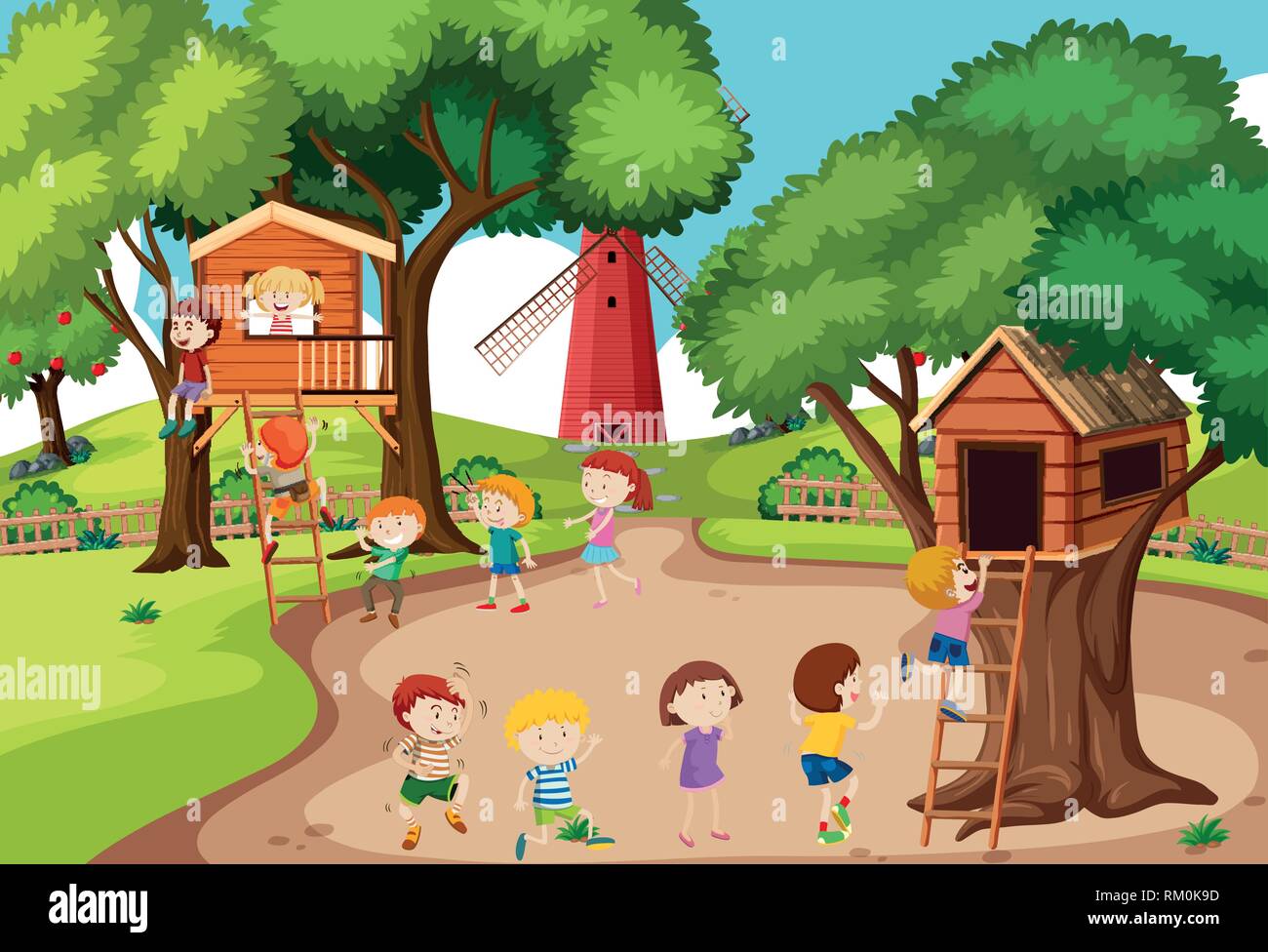 Children playing at tree house illustration Stock Vector Image & Art ...