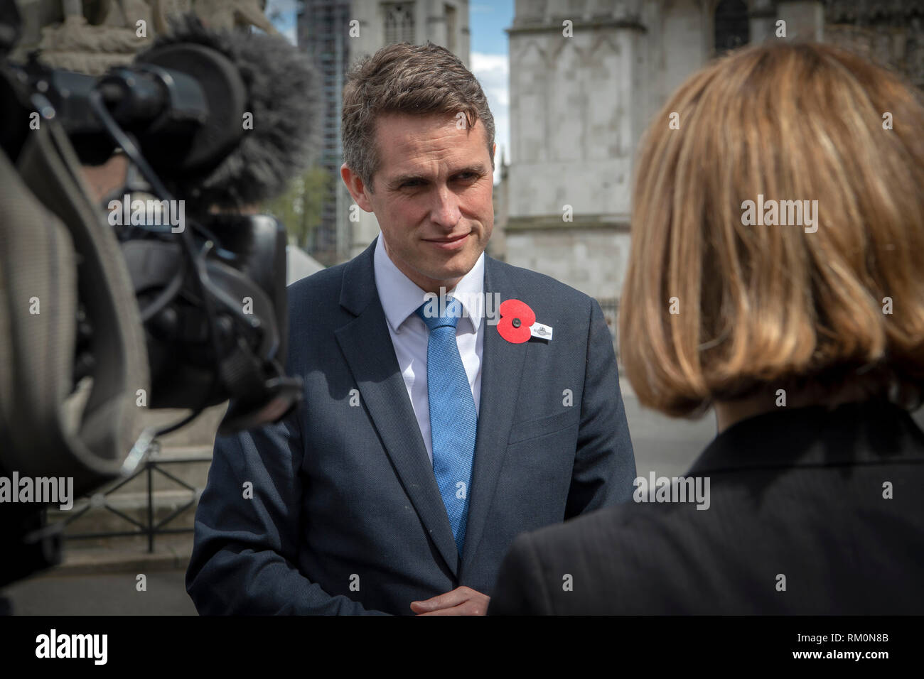 Gavin Williamson Secretary of State for Defence of the United Kingdom being interviewed by British Forces Broadcasting in London at Parliament Square. Stock Photo