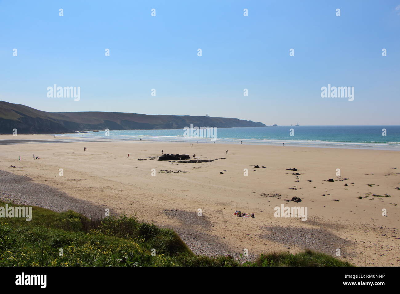 Pointe du Raz and Baie des Trepasses beach in Plogoff during a sunny day Stock Photo