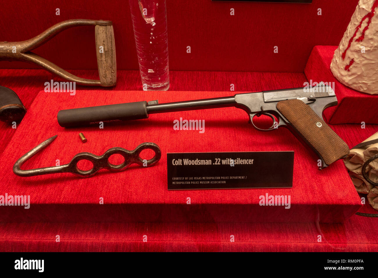 A Colt Woodsman .22 with silencer, The Mob Museum, Las Vegas (City of Las Vegas), Nevada, United States. Stock Photo