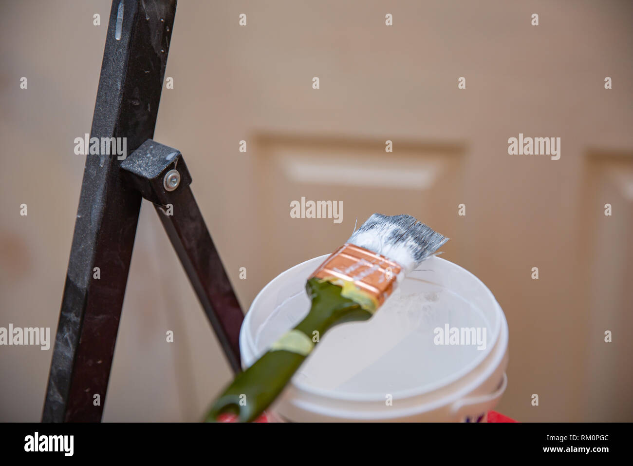 Bank with paint, brushe. repairs. Copy space Stock Photo