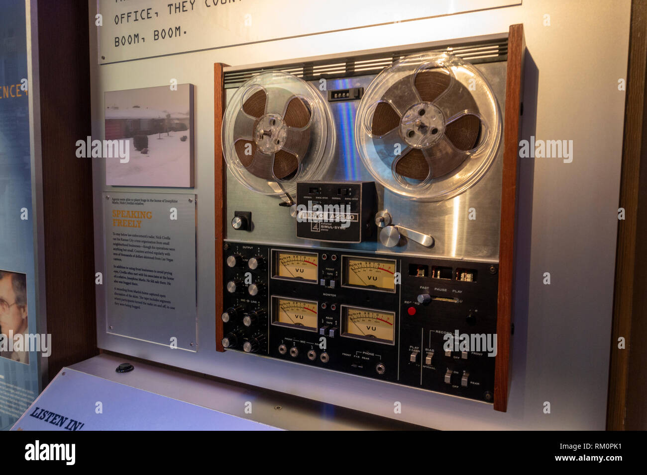 A Teac Tascam reel tape recorder used to record mob conversations, The Mob Museum, Las Vegas (City of Las Vegas), Nevada, United States. Stock Photo