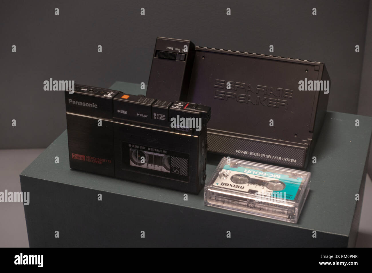 A Panasonic 2 speed microcassette recorder (RN-36), power booster speaker system, The Mob Museum, Las Vegas, Nevada, United States. Stock Photo