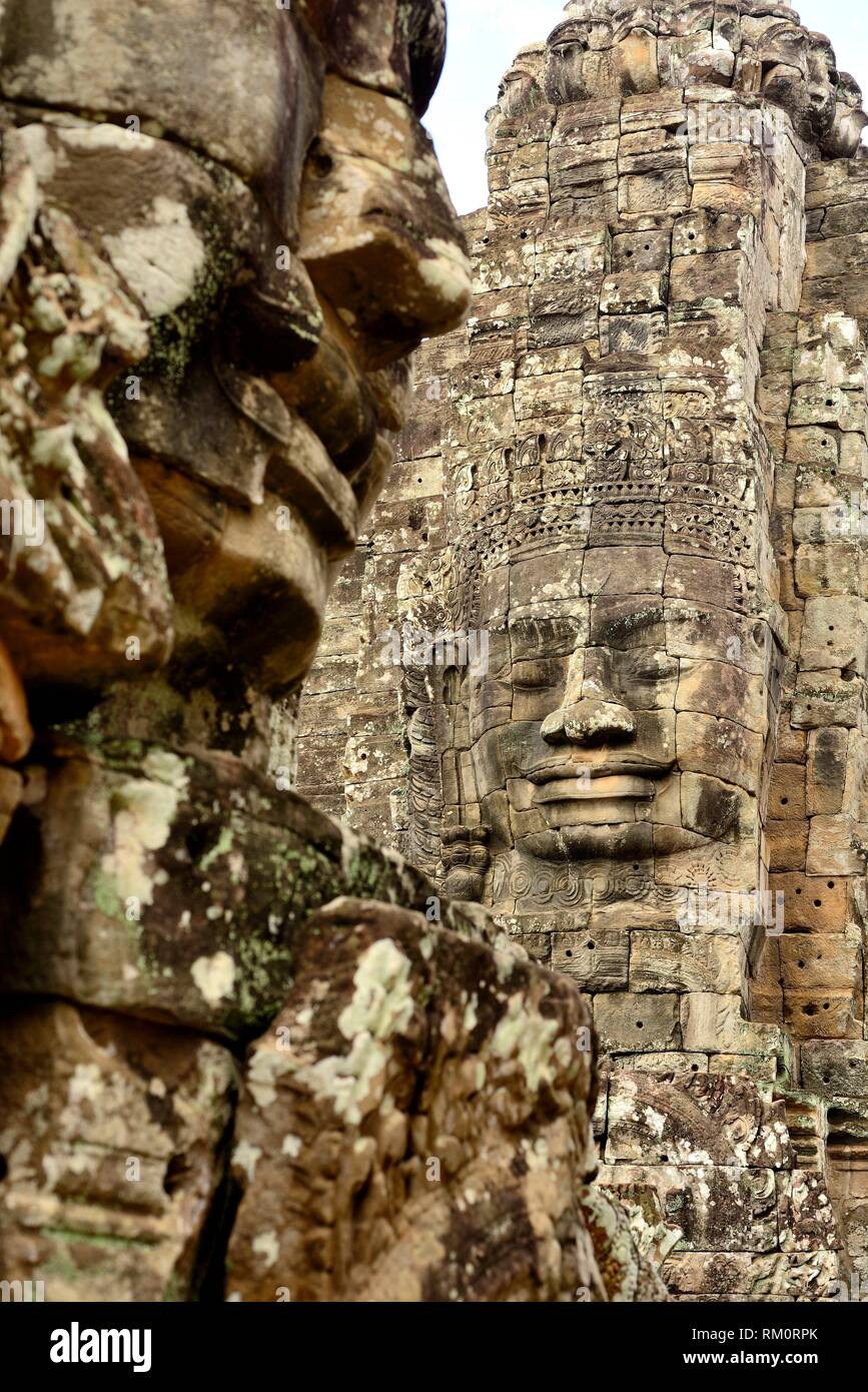 Stone faces of Bayon temple, Angkor Thom, Siem Reap, Cambodia Stock