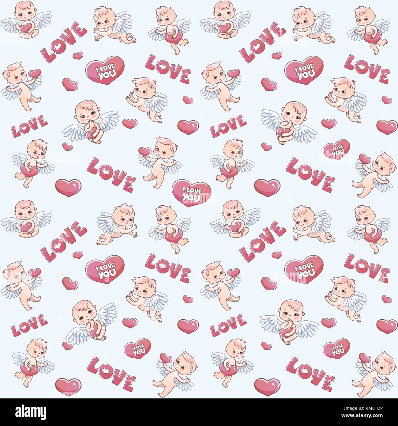 Angels with hearts in their hands. Angels and hearts pattern for Valentine's day gift. Vector pattern with serge and angels babies Stock Vector