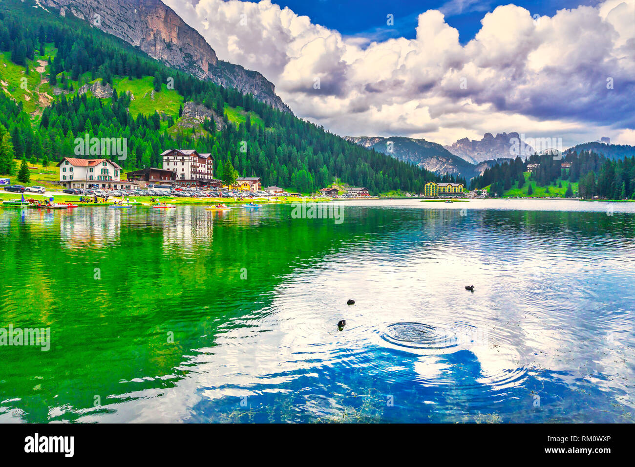 Misurina lake and Dolomites mountains. Auronzo di Cadore, Belluno Veneto Italy, Europe. Stock Photo