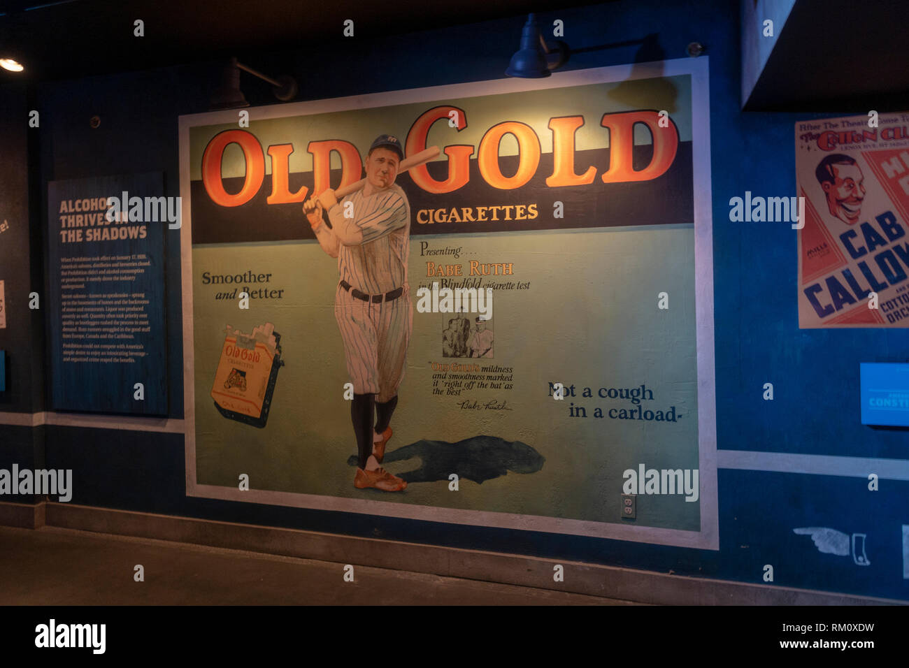An Old Gold cigarettes wall ad featuring Babe Ruth, The Mob Museum, Las Vegas (City of Las Vegas), Nevada, United States. Stock Photo