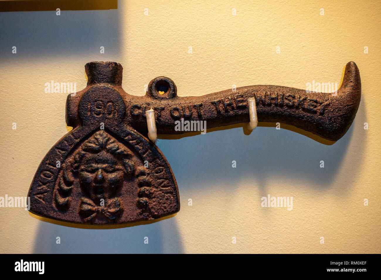 A Carrie Nation (temperance) hatchet, The Mob Museum, Las Vegas (City of Las Vegas), Nevada, United States. Stock Photo