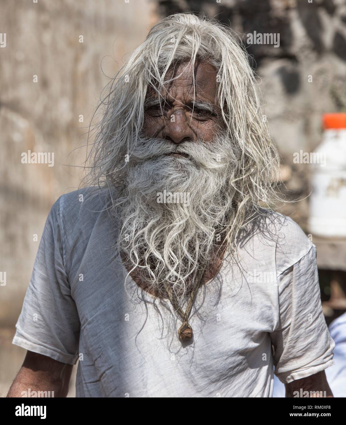 Old baba with white hair and beard, Pushkar, Rajasthan, India. Stock Photo