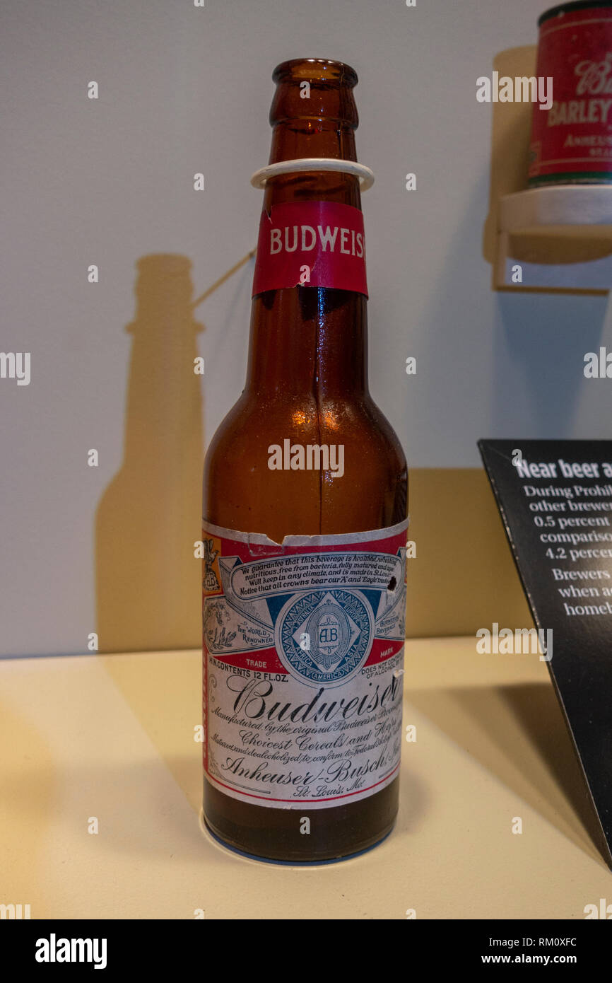 A bottle of Budweiser 'near beer' with no more than 0.5 per cent alcohol by volume, The Mob Museum, Las Vegas, Nevada, United States. Stock Photo