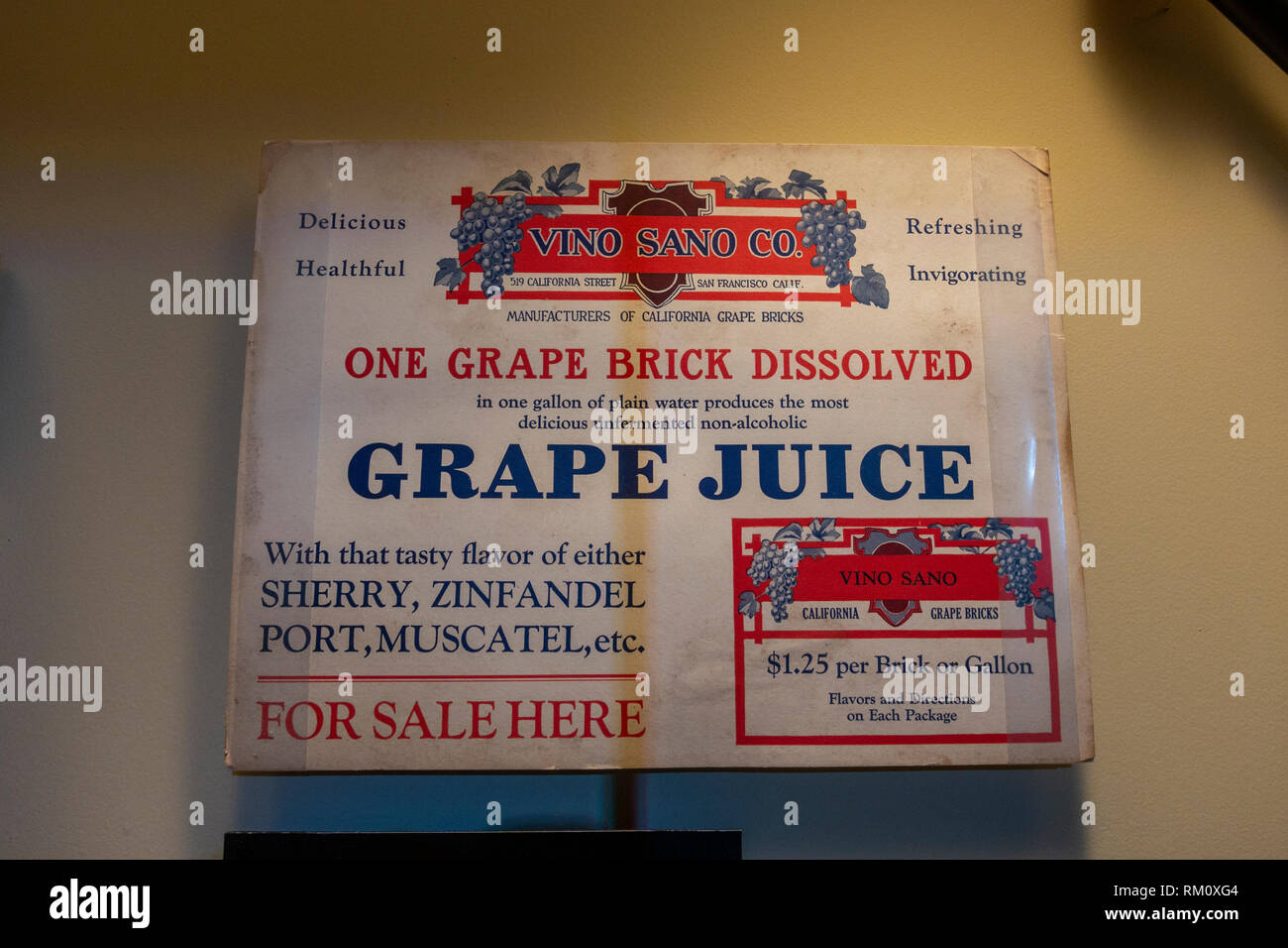 A grape juice brick, sold during Prohibition to be used to make home brew, The Mob Museum, Las Vegas (City of Las Vegas), Nevada, United States. Stock Photo