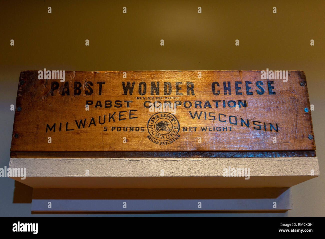 Crate of Pabst Wonder Cheese sold during Prohibition, The Mob Museum, Las Vegas (City of Las Vegas), Nevada, United States. Stock Photo