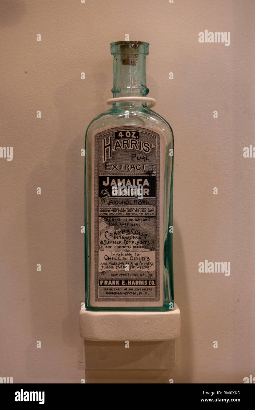 A Jamaica ginger bottle, The Mob Museum, Las Vegas (City of Las Vegas), Nevada, United States. Stock Photo