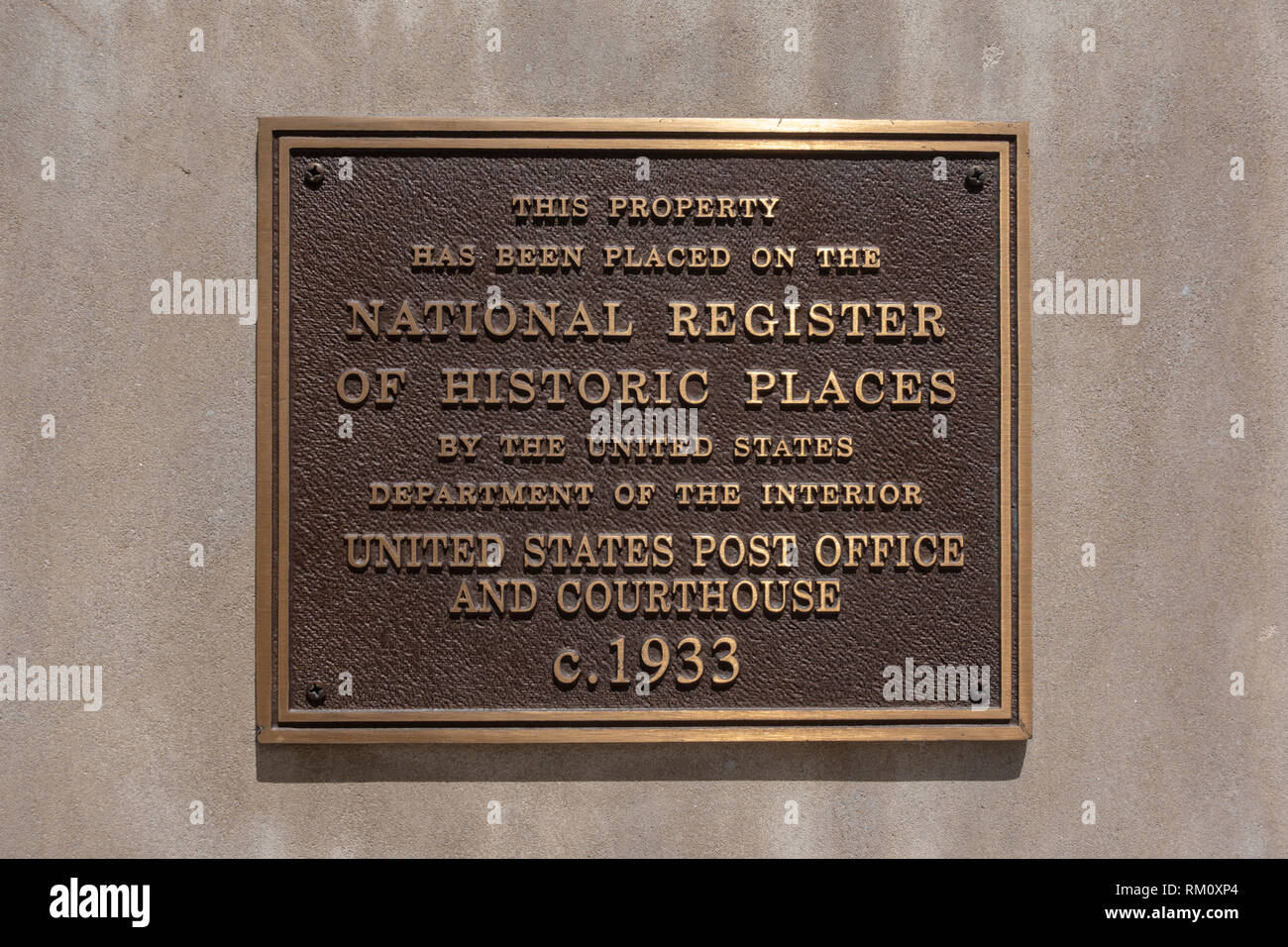 National Register of Historic Places plaque on The Mob Museum, Las Vegas (City of Las Vegas), Nevada, United States. Stock Photo