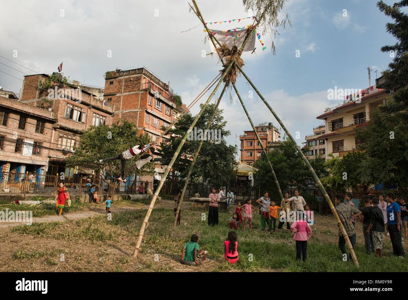 Bamboo Ping Swing for Dasain holiday celebrations, Kathmandu, Nepal