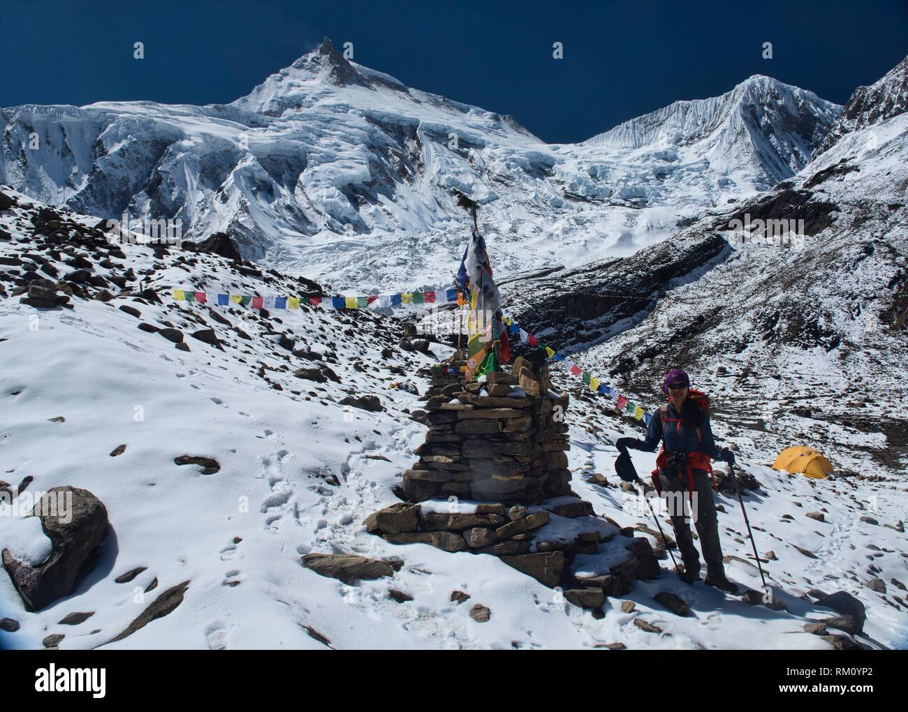 Manaslu, world's eighth highest peak (8,163 metres), seen from Manaslu Basecamp on the Manaslu Circuit Trail, Nepal. Stock Photo