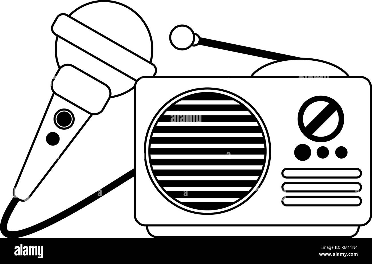 old radio stereo and microphone in black and white Stock Vector Image ...