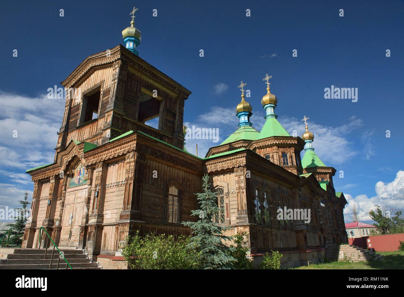 The wooden Holy Trinity Russian Orthodox Cathedral, Karakol, Kygyzstan. Stock Photo