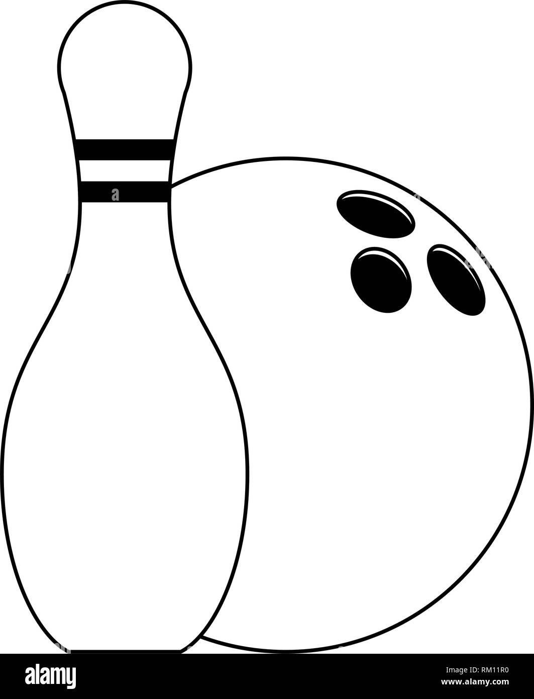 Bowling pin and ball cartoon in black and white Stock Vector