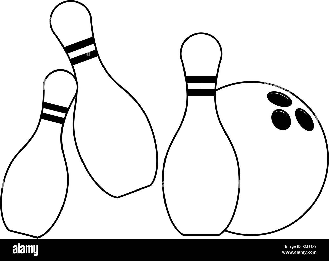 Bowling ball and pins cartoon in black and white Stock Vector