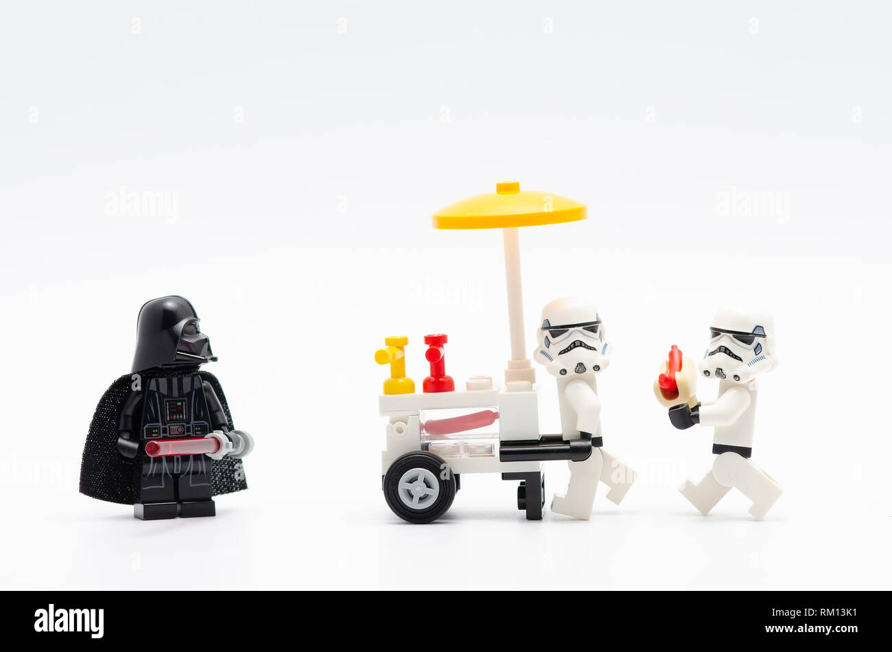darth vader and storm troopers with food stall . Lego minifigures are  manufactured by The Lego Stock Photo - Alamy