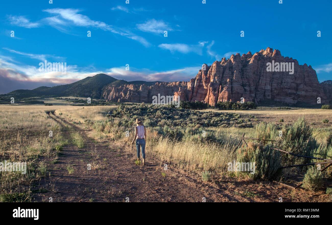 A woman dressed like a cowgirl appears in a field in Southern Utah. Stock Photo