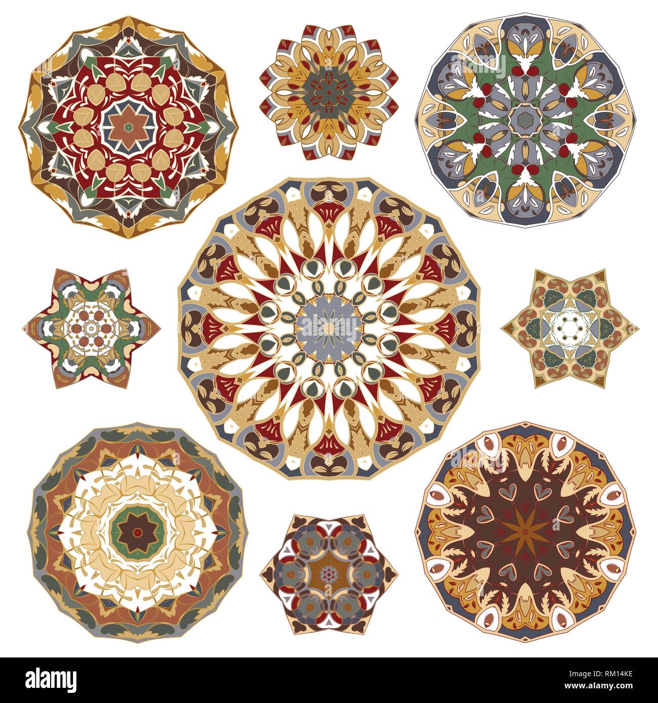 Set of nine abstract circular elements. Round colorful mandalas ...