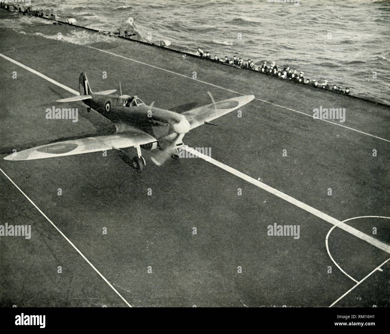 RAF Spitfire on the deck of an aircraft carrier on its way to Malta, World War II, 1942 (1944). Creator: Unknown. Stock Photo