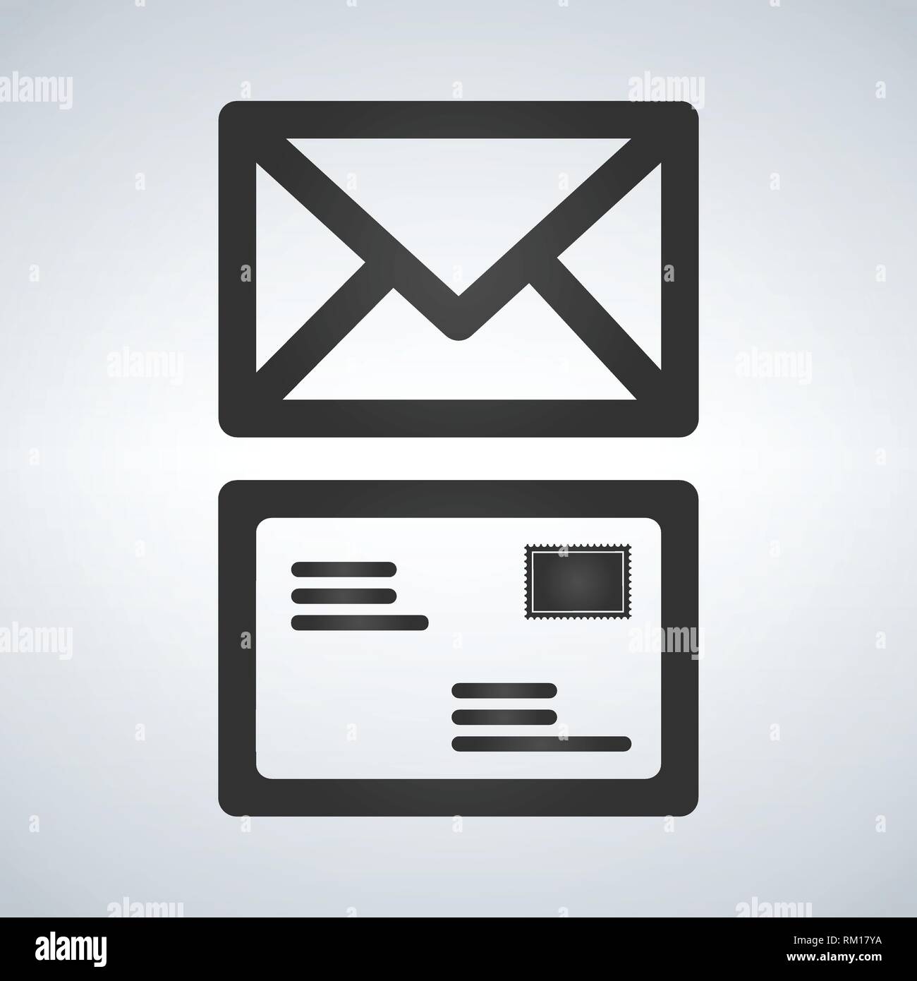 two envelope icons, front and back side with stamp. vector illustration