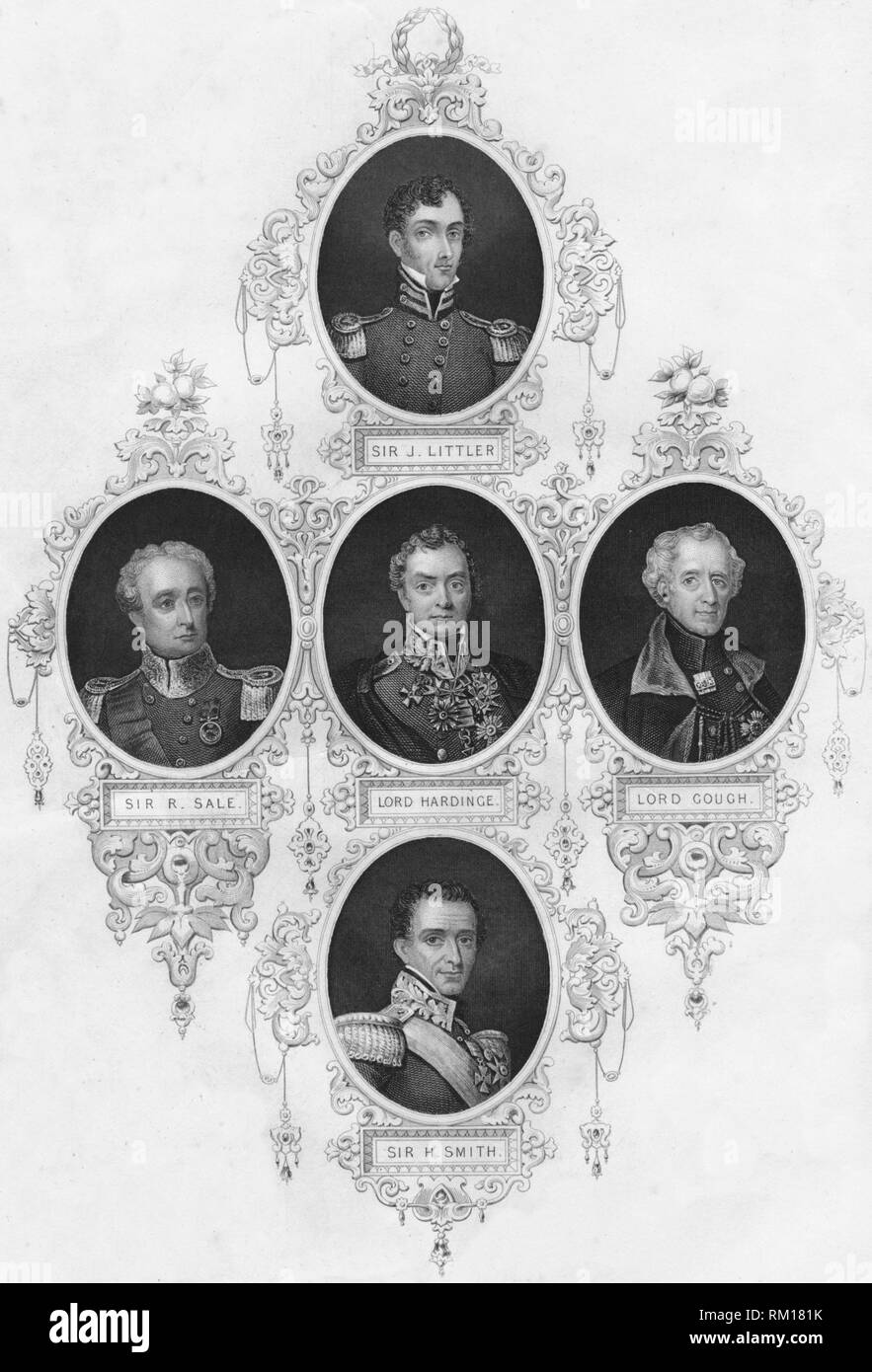 Medallion portraits of British military figures, (mid 19th century).  Creator: Unknown. Stock Photo