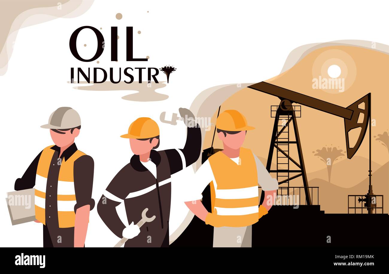 oil industry scene with derrick and workers vector illustration design