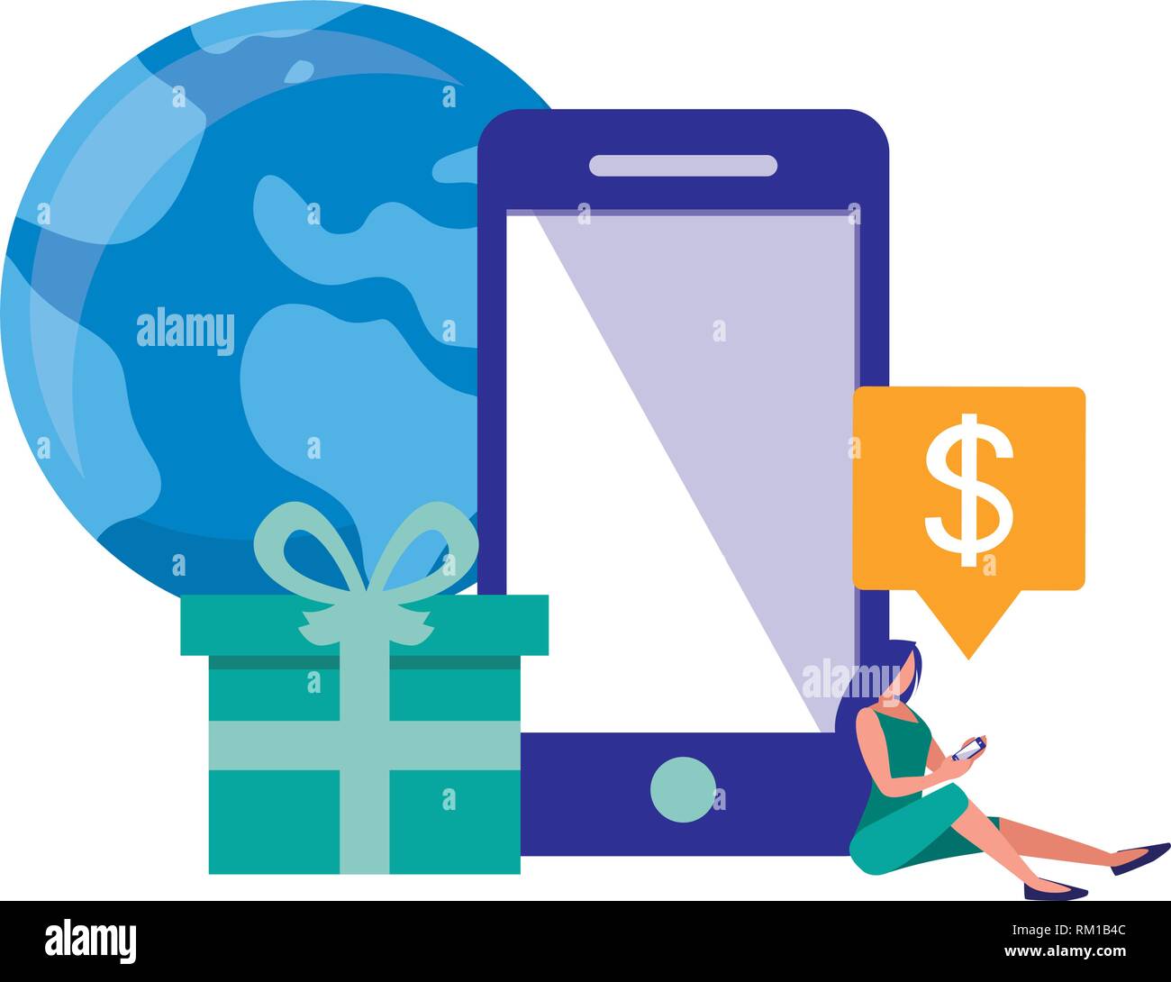 woman cellphone world gift online shopping market vector illustration ...