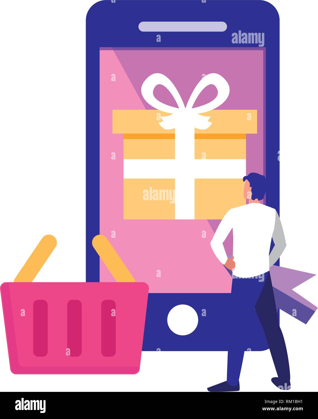 man basket gift cellphone online shopping market vector illustration ...