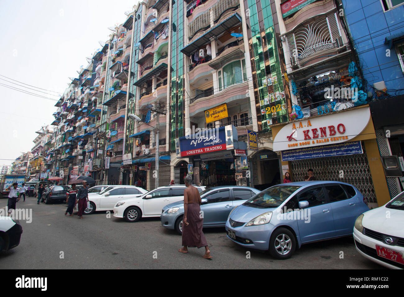 Daily life in Bo Soon Pat street, Sule Pagoda area, city center, Yangon, Myanmar, Asia Stock Photo