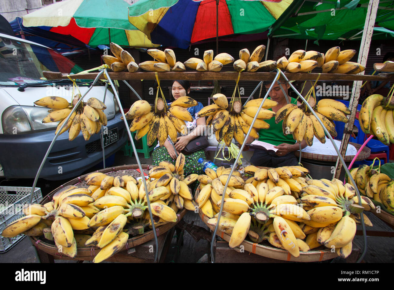 Market in Kon Zay Tan street, Sule Pagoda area, city center, Yangon, Myanmar, Asia Stock Photo