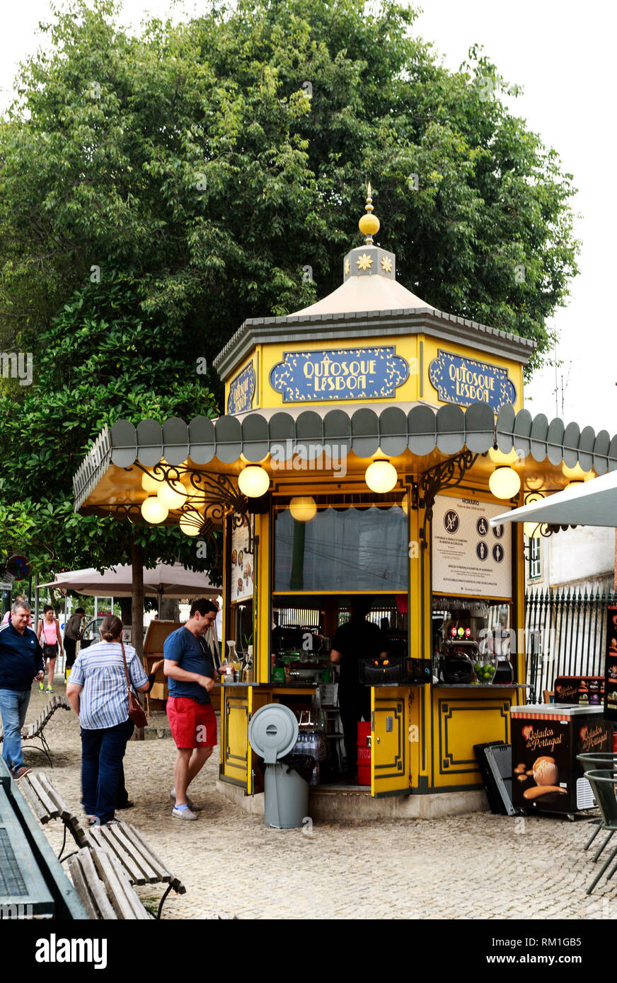 Kiosks are small and ornate structures in Art Nouveau and/or Moorish style that provide shade hot and cool drinks, light meals and shade till late, in Stock Photo
