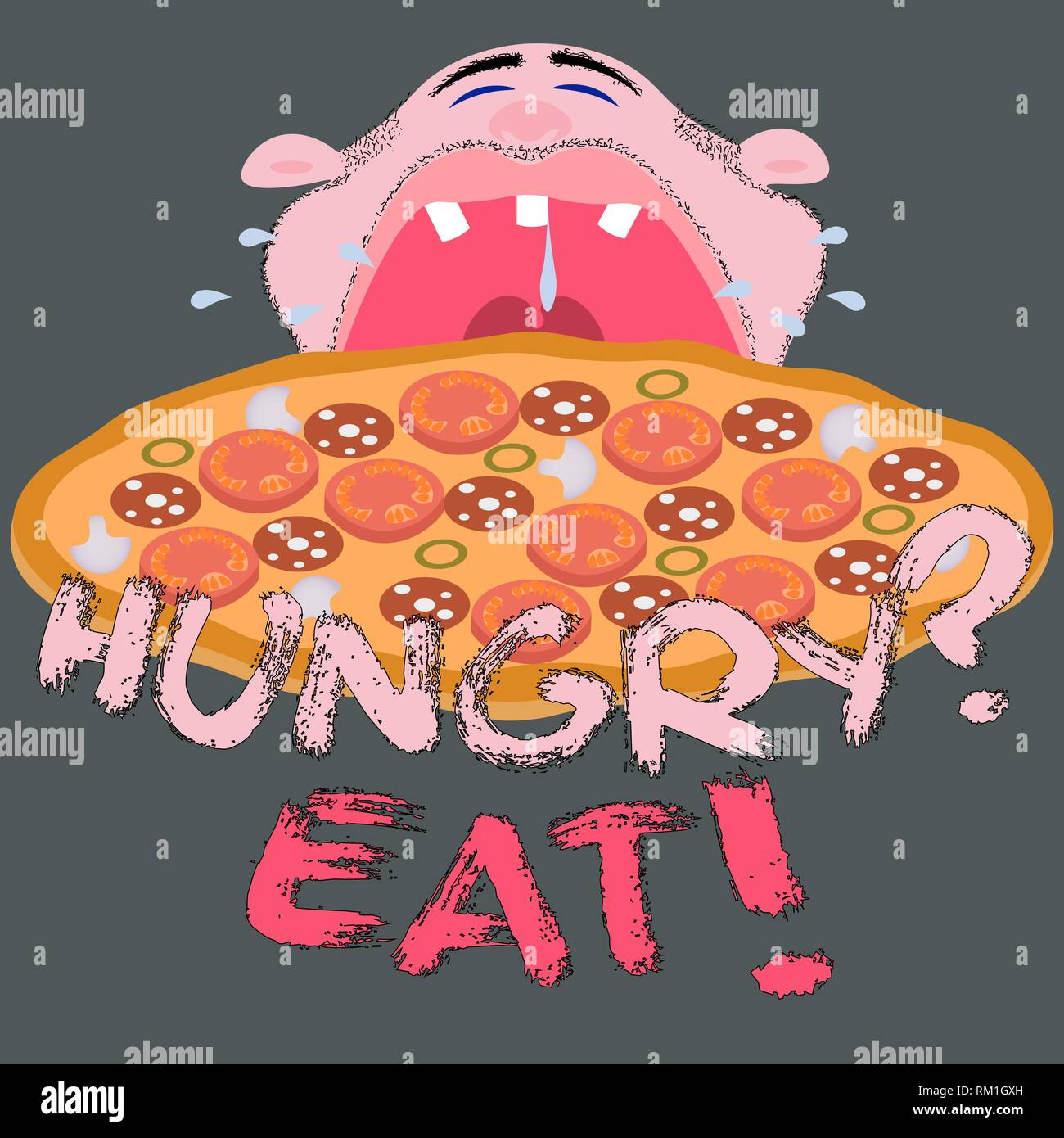 cartoon man bites off a pizza with the inscription hungry eat Stock Vector....