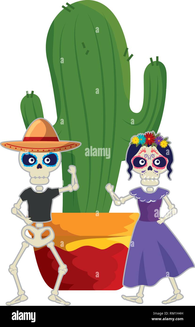 skeleton of katrina and mariachi with cactus vector illustration design Stock Vector