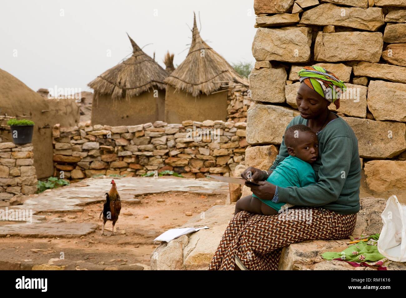 Mali, Dogon Country. Dwellings and barns erected with wood, adobe and