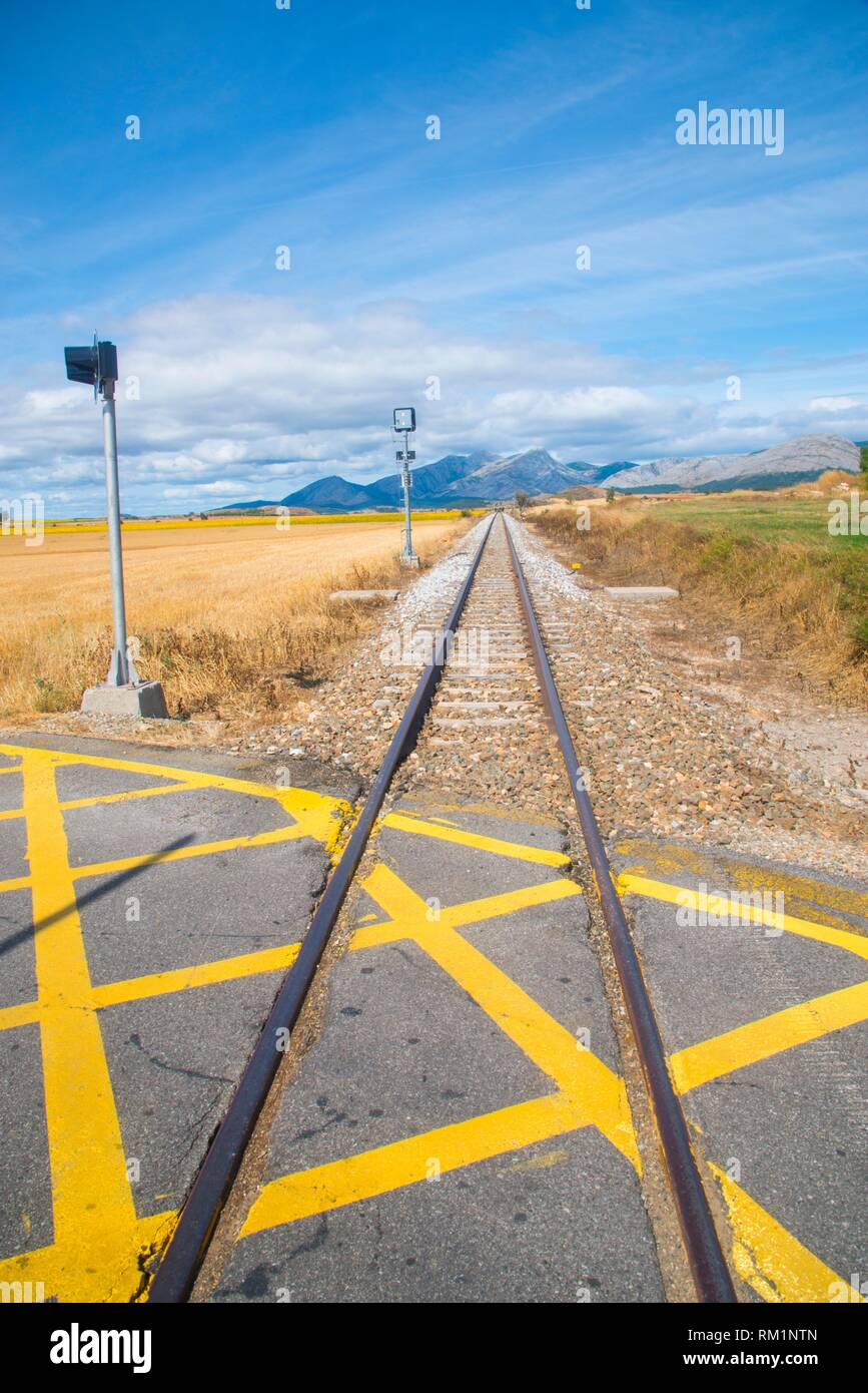 Narrow gauge track. Castrejon de la Peña, Palencia province, Castilla Leon, Spain. Stock Photo