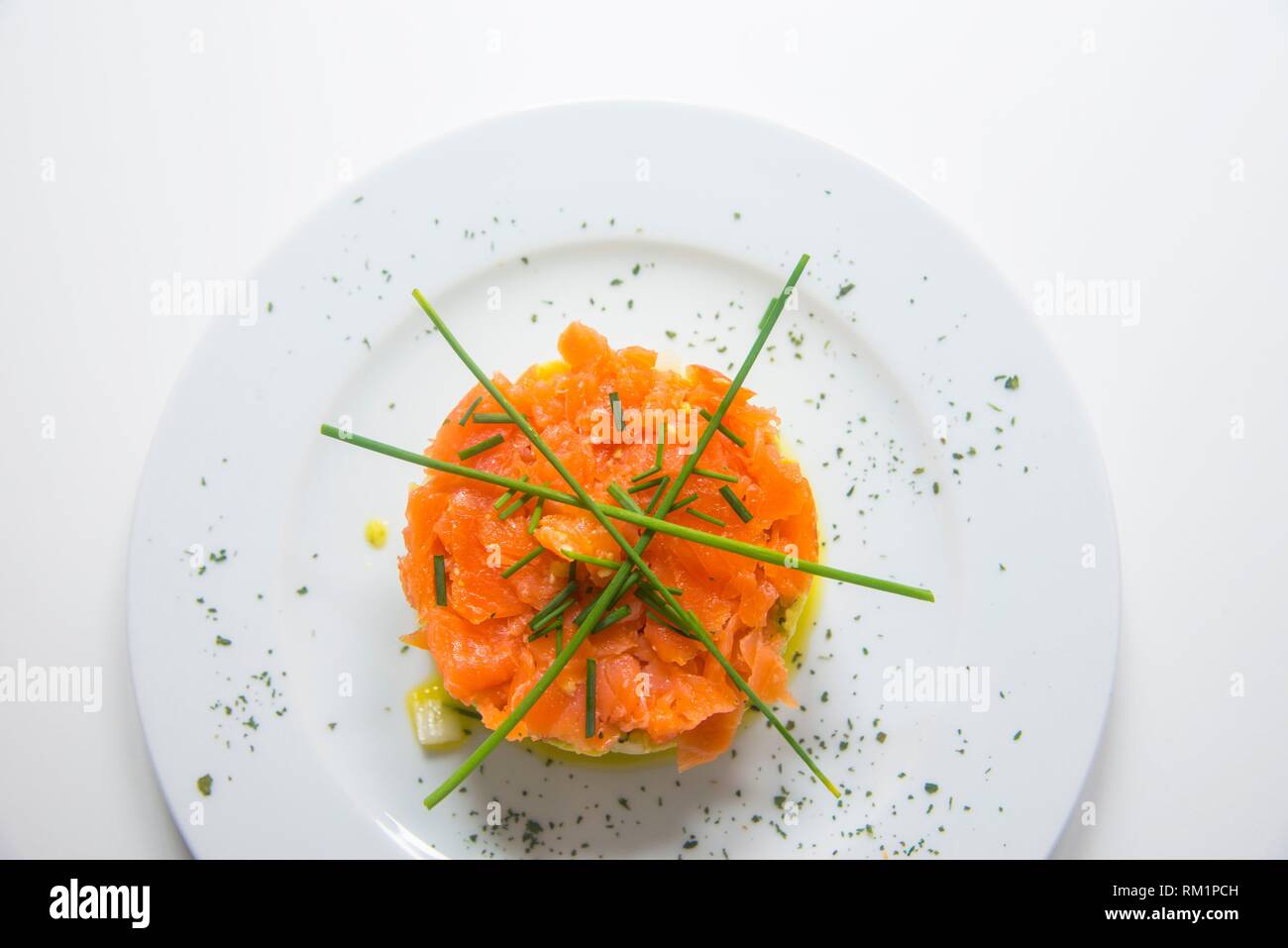 Smoked salmon salad. View from above. Stock Photo