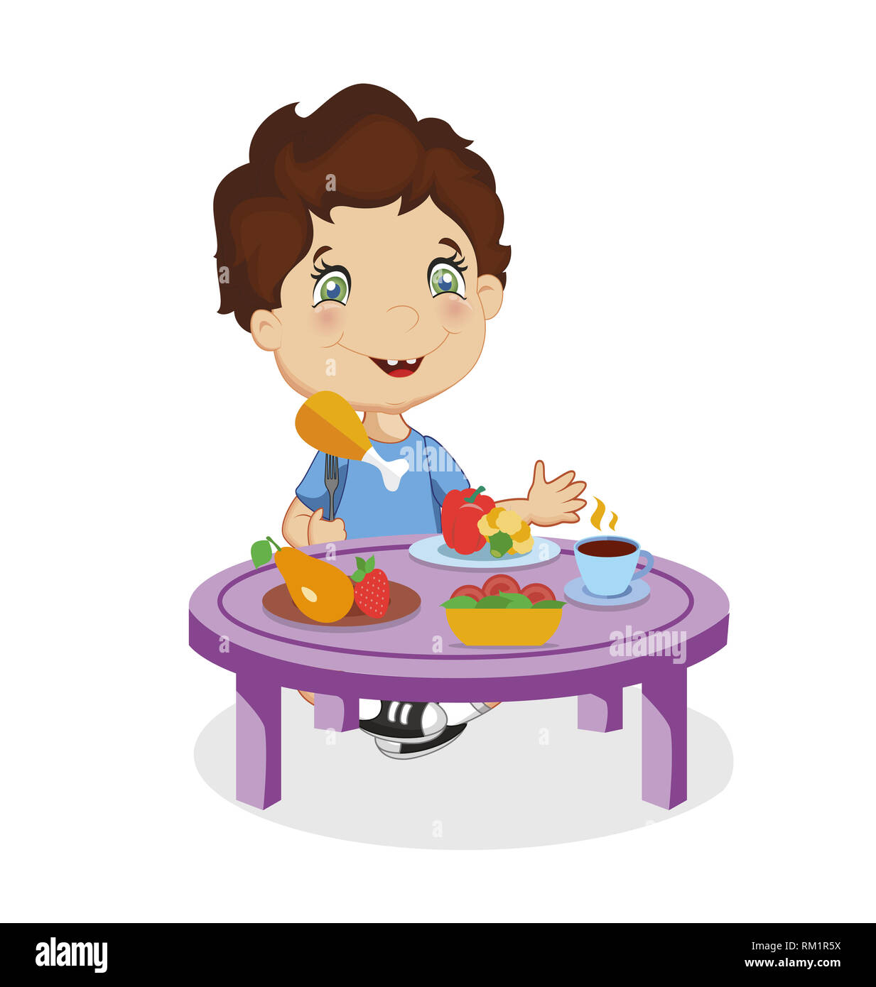 Funny Smiling Cartoon Boy with Brown Hair and Blue Eyes Eating Chiken Sitting at Table with Different Food as Vegetable, Fruit Isolated on White Backg Stock Photo