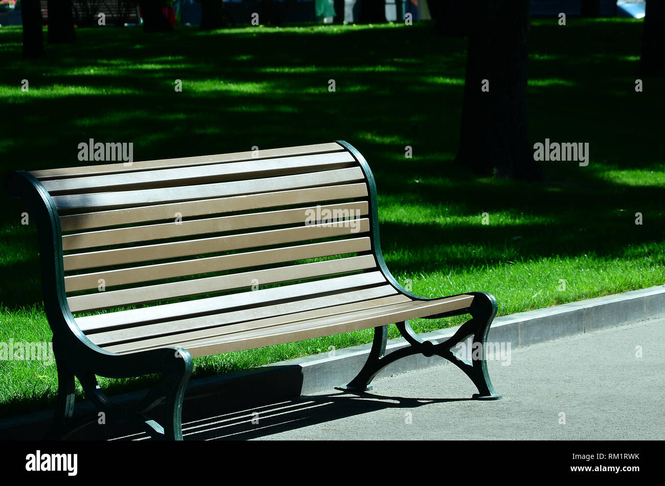 An Empty Bench Empty wooden bench in the summer park against the background of green ...
