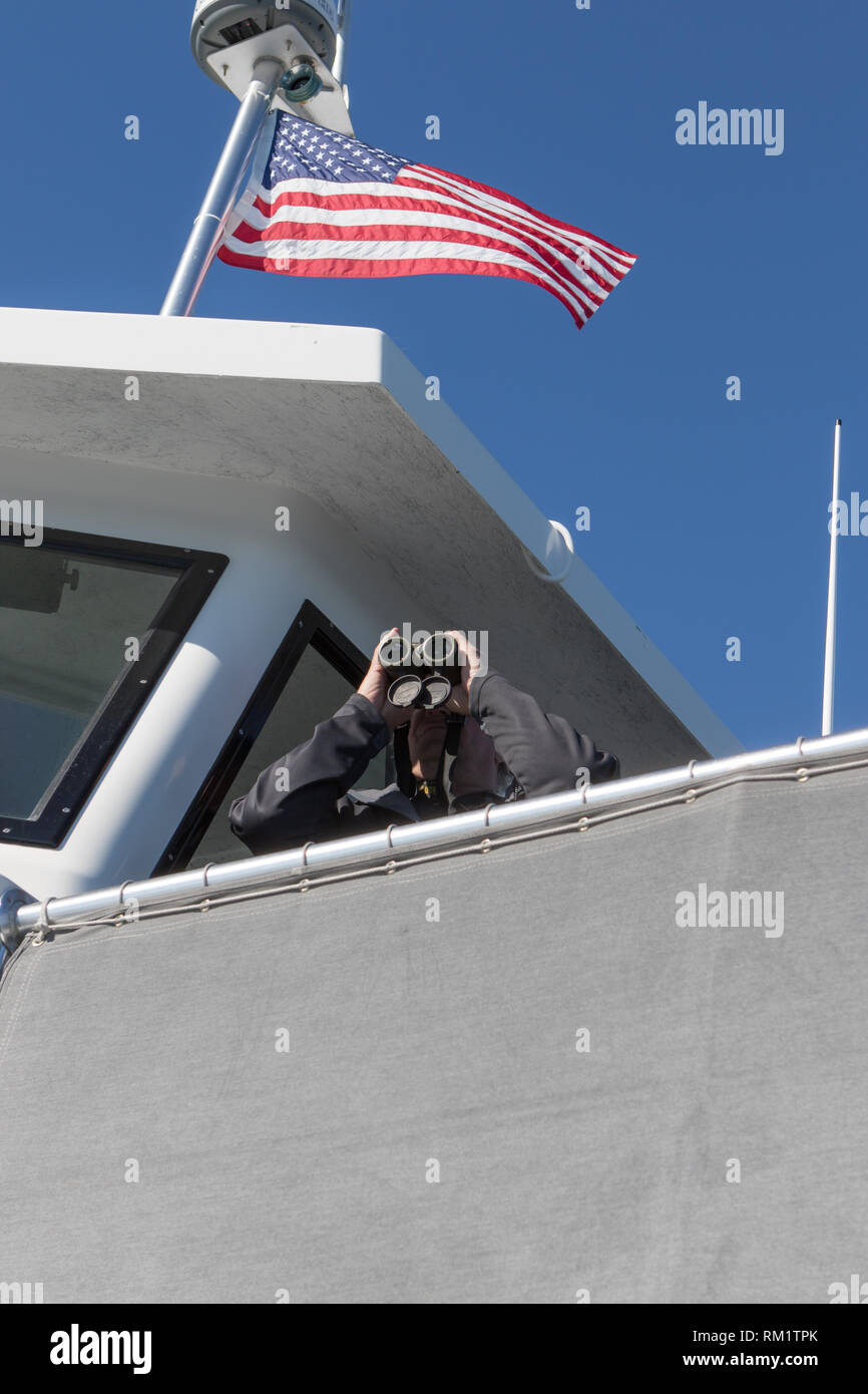 Man looking through binoculars from the bridge of a whale watching boat with the American stars and stripes flag fly's above him . Stock Photo