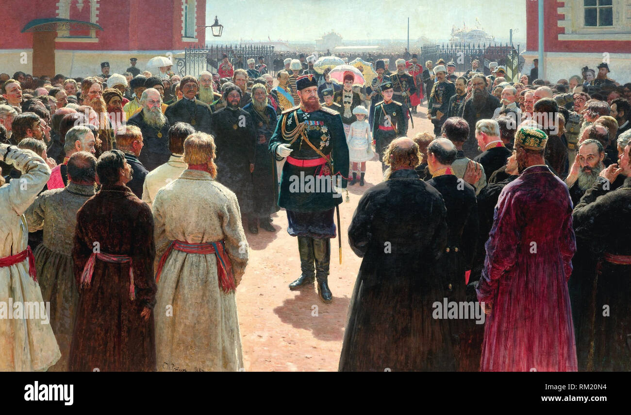 Aleksander III receiving rural district elders in the yard of Petrovsky Palace in Moscow - Ilya Repin, circa 1885 Stock Photo