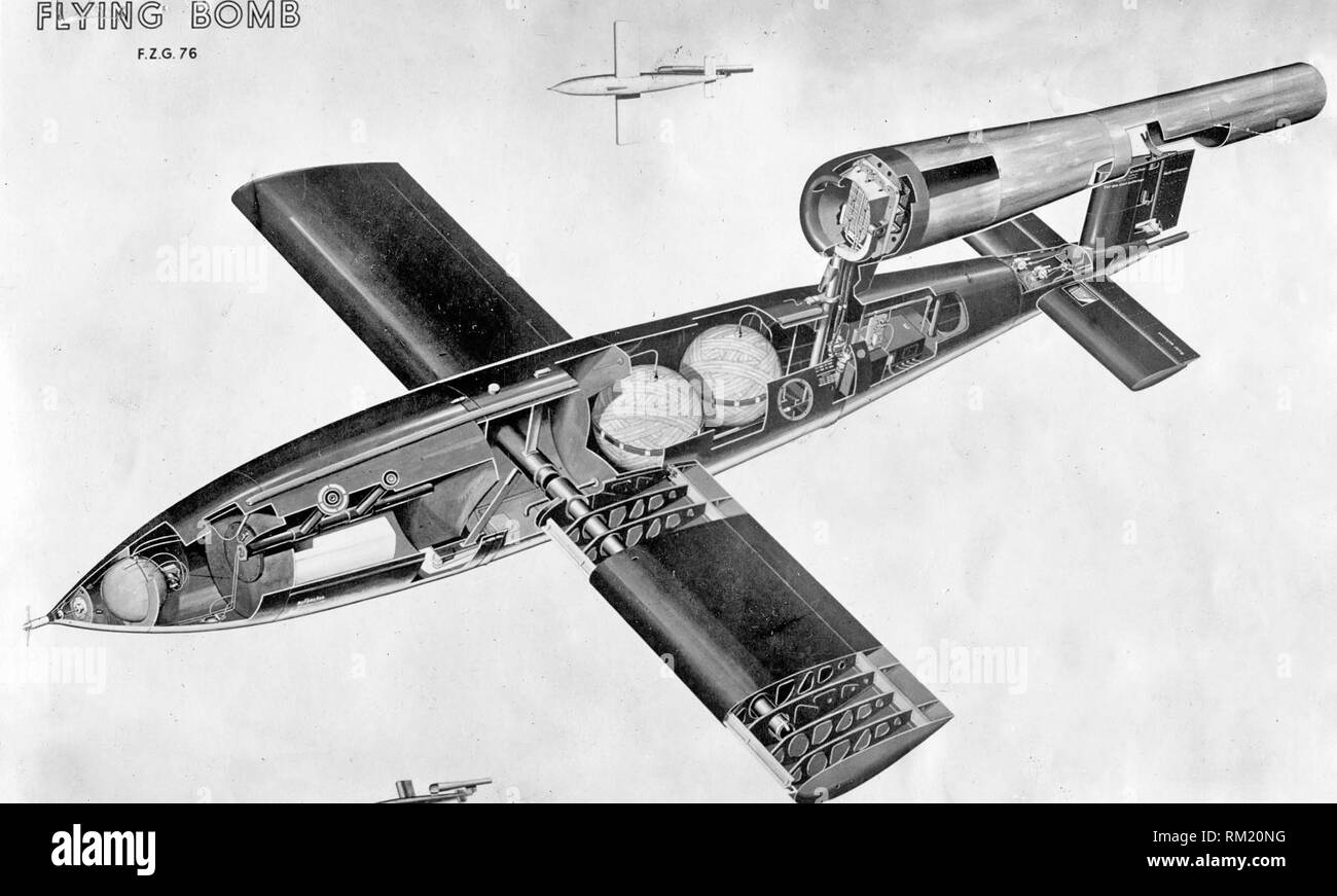 Cutaway drawing of a V-1 showing fuel cells, warhead and other equipment. Stock Photo