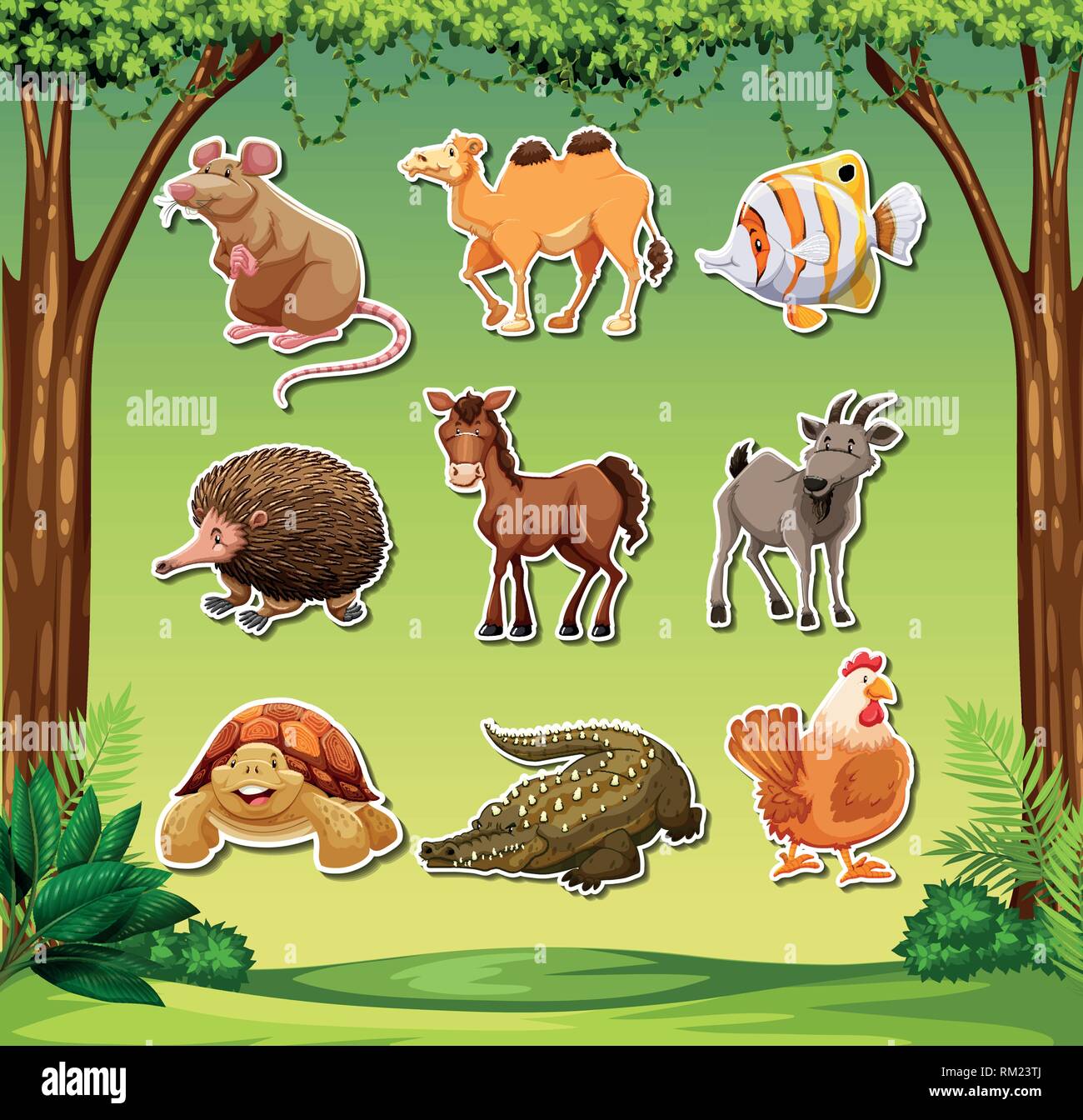 Many animals in jungle background illustration Stock Vector