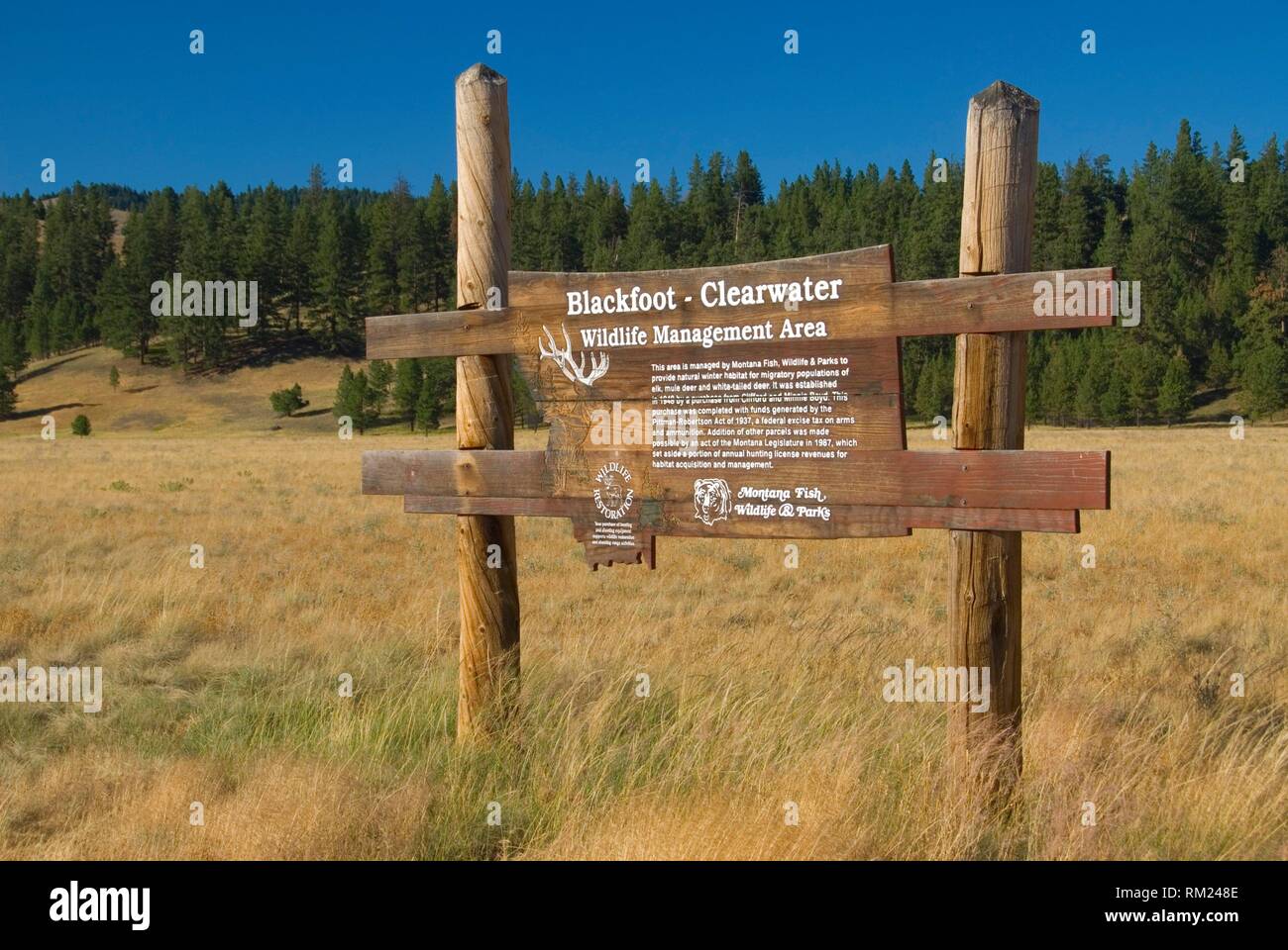 Wildlife Area sign, Blackfoot-Clearwater Wildlife Management Area, Montana. Stock Photo